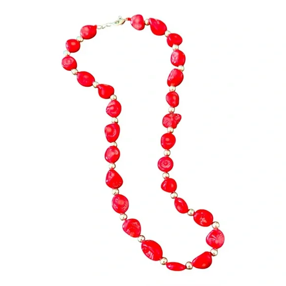 Vintage Textured Red Coral  Colored Glass Beaded Necklace w/ Silver Detail, 18” - Picture 6 of 7